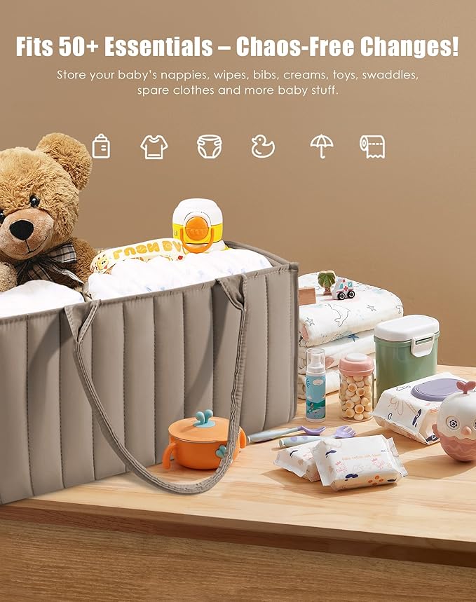 SWEET DOLPHIN 2-Pack Quilted Diaper Caddy Organizer – Premium Puffer Style Nursery Storage Bins – Water-Resistant & Wipeable Changing Table Organizer – Trendy Tote for Home & Car Travel - Mocha Brown