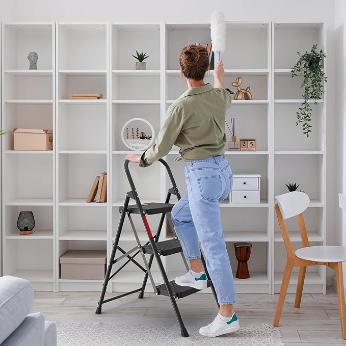 BONTEC 3-Step Ladder, Folding Step Stool, 600lbs Max Load Capacity, Sturdy Steel, Non-Slip Pedals, Lightweight, Portable Steel Ladder with Convenient Handrail, Safety Design for Home & Work, Black
