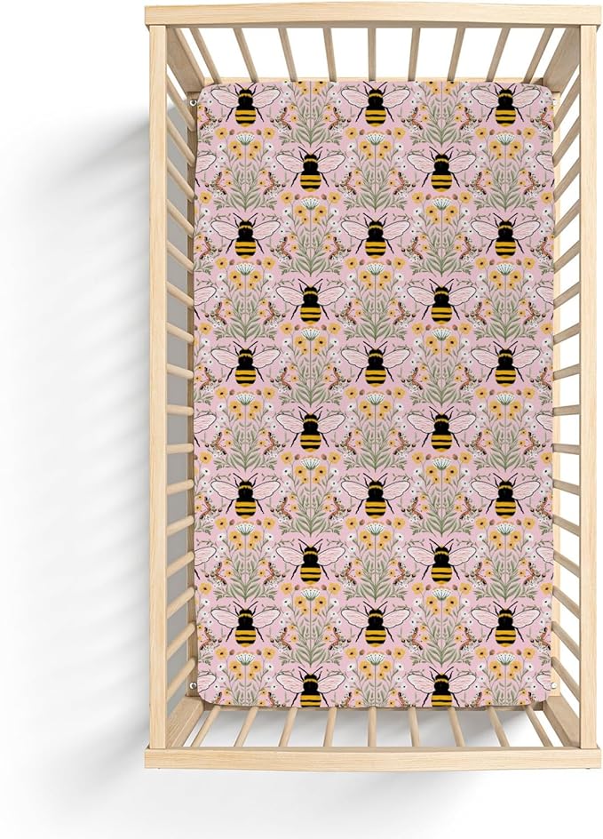 Bee Honey Garden Pink Baby Crib Sheets for Boy Girl 52"x28" Boho Floral Bees Honey Butterflies Soft Snug Fitted Crib Mattress Covers Spring Summer Baby Sheet for Standard Crib & Toddler Bed Mattress