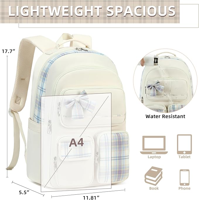 KIDNUO Backpack for Girls,School Backpacks for Teen,Cute College Bags for Women Students Large Bookbag 15.6 Inch Laptop Bag Back Pack Kids Kindergarten Elementary Casual Travel Daypacks Beige