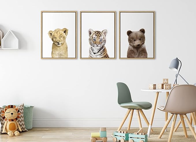 Amy Peterson Art Studio Sleepy Lion, Baby Tiger and Bear Framed Canvas Art Set, 3 Piece 18x24 Natural, Baby Animal Wall Art Decor Set