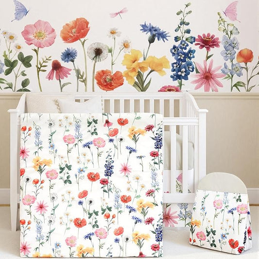 Oudain 4 Piece Spring Wild Flower Crib Bedding Set Including Spring Wild Flower Crib Skirt, Blanket, Sheet and Diaper Stacker, Soft Neutral Nursery Standard Size Baby Bedding for Baby Girls and Boys