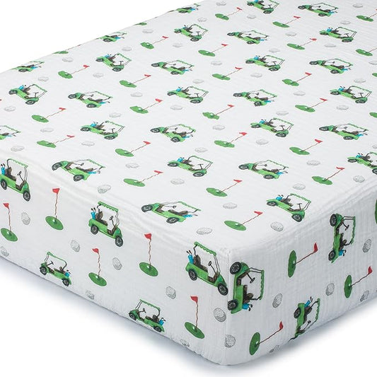 LollyBanks Muslin Crib Sheet 1 Pack, 100% Cotton Neutral Baby Crib Sheet for Standard 52"x28" Mattress, Soft Baby Fitted Sheets for Boys and Girls, Infant Bedding Essentials (Golf Cart Print)
