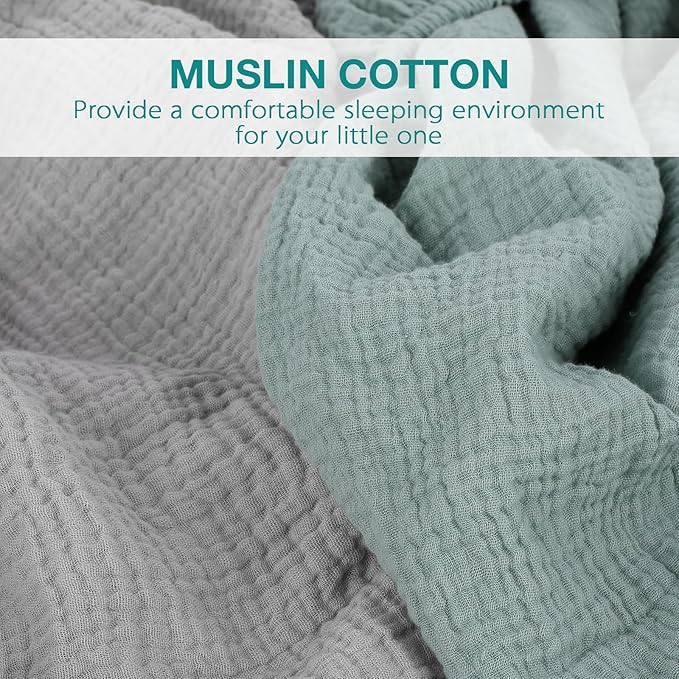 Muslin Bassinet Fitted Sheets 2 Pack, 100% Cotton Baby Cradle Sheets in Solid Green & Gray, Soft Breathable Mattress Covers for Boys & Girls, Fit Hourglass, Oval & Rectangle Pads
