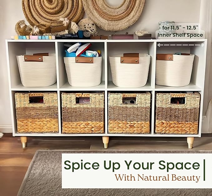 CHI AN HOME 11 Inch Cube Storage Bins, Wicker Storage Baskets for Cube Shelf, Natural Foldable Square Baskets for Storage, Large Woven Storage Bin with Handle, Baskets for Pantry, Living Room Set of 4