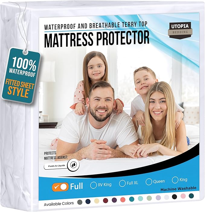 Utopia Bedding Waterproof Mattress Protector Full Size, Premium 200 GSM Terry Mattress Cover, Soft & Breathable Bed Cover, Fitted Sheet Style with Stretchable Deep Pockets 15" (White)