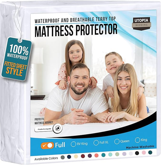 Utopia Bedding Waterproof Mattress Protector Full Size, Premium 200 GSM Terry Mattress Cover, Soft & Breathable Bed Cover, Fitted Sheet Style with Stretchable Deep Pockets 15" (White)