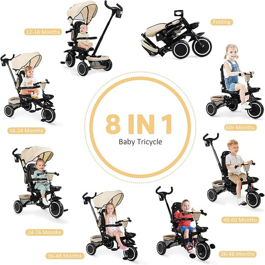 Folding Kids Tricycle, 8 in 1 Baby Trike W/Removable & Adjustable Canopy, Parent Handle, 5-Piont Safety Harness, Toddler Bike Stroller for Kids 1-6 Years, EVA Wheels, Storage Basket, Khaki
