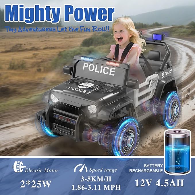 Ride on Police Car, 12V Kids' Electric Vehicles W/Parents Control, Ride on Toys for Toddlers with Music, Four-Wheels Suspension, USB, Headlights, Police Car