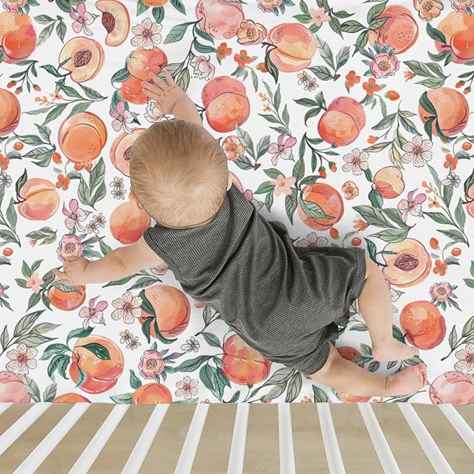 Vintage Peaches Baby Crib Sheets for Boy Girl 52x28Inch Retro Peach Flowers Leaves Soft Snug Fitted Crib Mattress Cover Sweet Spring Summer Fruit Nursery Baby Sheet for Crib & Toddler Bed Mattress