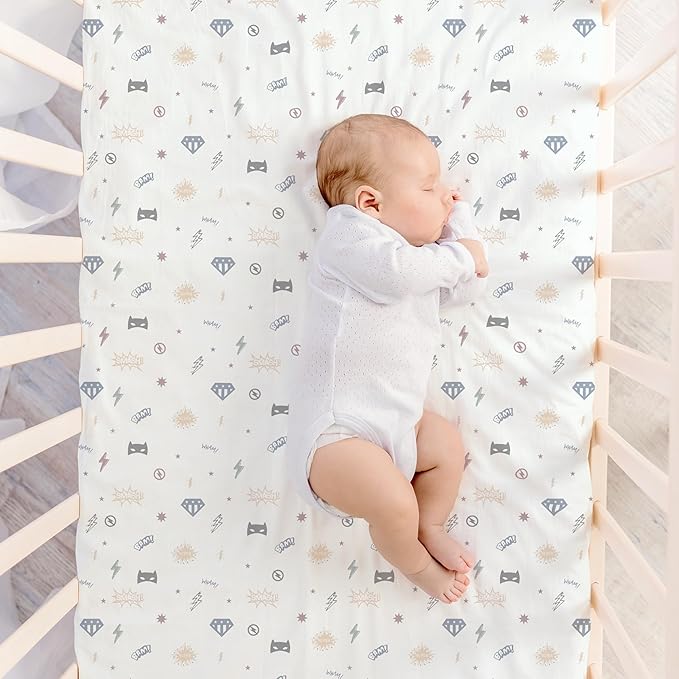 Makemake Organics GOTS Certified Organic Cotton Fitted Crib Sheet Soft Breathable Superheros (28"x52", Mighty Heros)