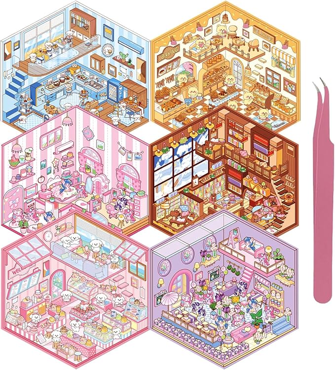 DIY 3D Sticker Scene, 6 Sets of Stickers for Girls Make Your Own Mini Room Scene Stickers for Kids Cute Kawaii Sticker Therapy for Adult Relief Stress, Holiday & Christmas Fun