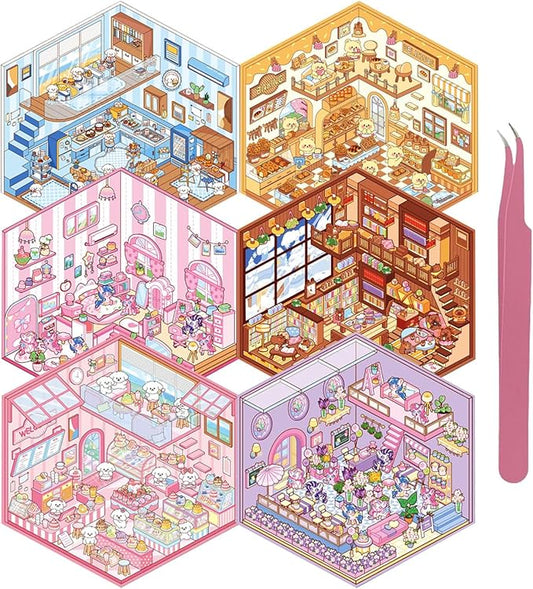 DIY 3D Sticker Scene, 6 Sets of Stickers for Girls Make Your Own Mini Room Scene Stickers for Kids Cute Kawaii Sticker Therapy for Adult Relief Stress, Holiday & Christmas Fun
