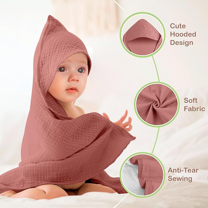 Organic Cotton Muslin Baby Hooded Towels - 32x32 Inch, 2 Pack Newborn Bath Towels for Boys & Girls, Soft & Absorbent Bath Set (Pink/Floral)