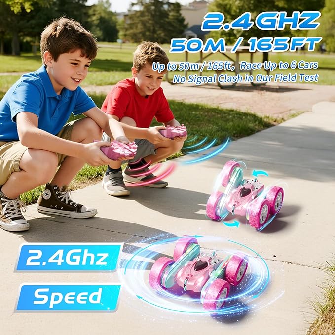 RC Car Pink 4WD Remote Control Car 360° Flip Double‑Sided LED Light Bar & Quick‑Swap USB‑C Modular Battery, 2.4 GHz No‑Interference Popular Outdoor Beach Toy, Popular Gift for Girls Ages 6‑12