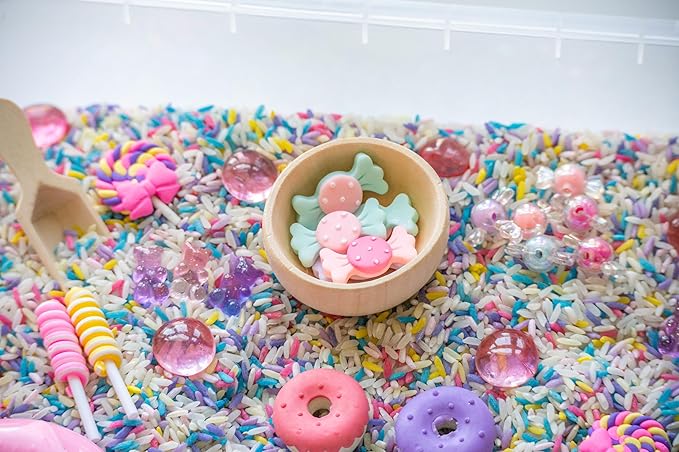 Sweets Shop Sensory Bin Kit for Kids – Bright Rainbow Rice, Candy Erasers, Donut Containers & Wooden Tools – Includes Clear Storage Bin