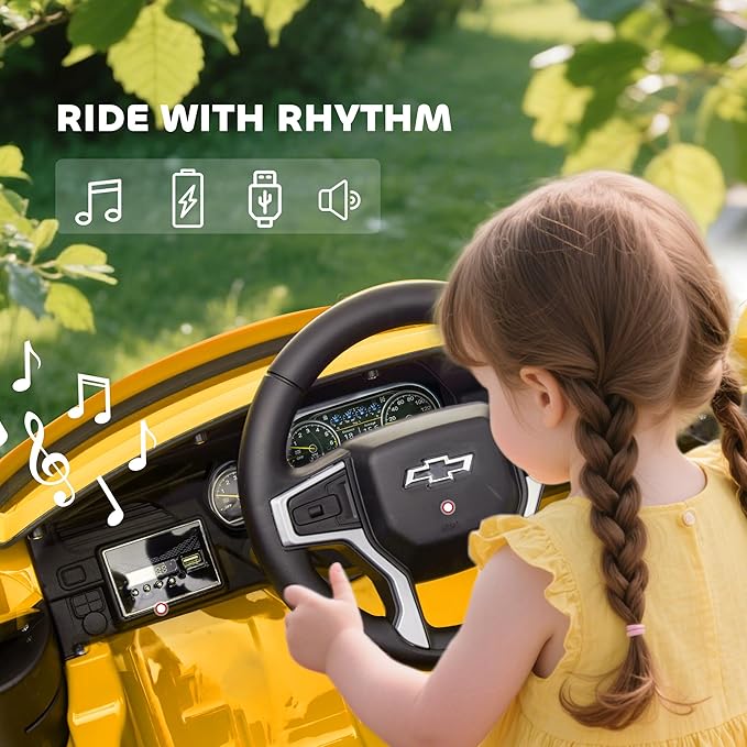 Aosom Licensed Chevrolet Tahoe Ride On Car, 12V 7AH Battery Power Ride On Toy with Parent Remote Control, LED Lights, Music, 4 Wheeler Suspension, 3 Speeds, Kids Electric Vehicle for Aged 3+, Yellow