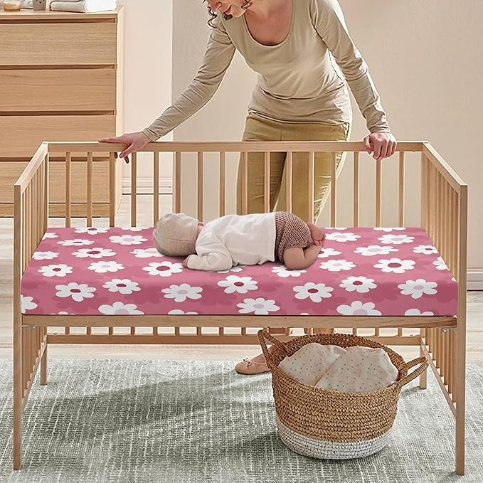 Pink Daisy Fitted Crib Sheet for Boys Girls Floral Traditional Folk Art Flower Baby Sheet for Standard Crib and Toddler Cute Nursery Bed Mattress Sheets 28"x52"