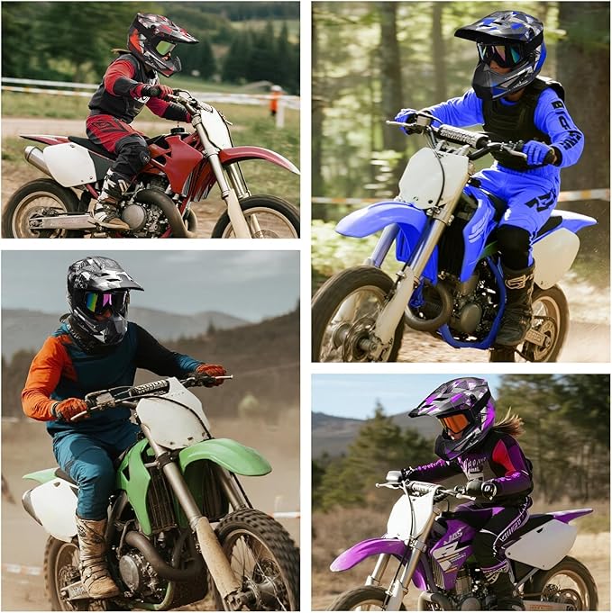 Youth Kids Motocross Helmet, Adult ATV Dirt Bike Helmet with Goggles Gloves & Mask Quick, Full Face Motorcycle Helmet with Quick Release Buckle DOT Certified