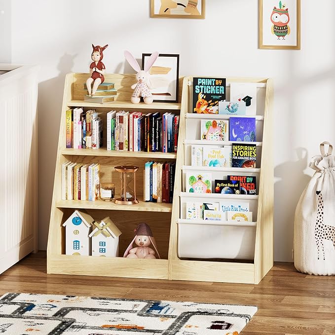 HedoAjim 4 Tier Kids Wooden Bookshelf,Five Layer Sling Children Bookcase,Baby Storage Book Rack,Book and Toy Organizer Cabinet Chest,Book Display Shelf,Playroom Nursery Classroom Library