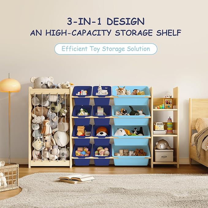 EXPERLAM 3-in-1 Toy Storage Organizer, Stuffed Animal Holder & 3-Tier Bookcase, Solid Wood Toy Organizer with 12 Storage Bins, Space-Saving Toy & Book Shelf for Kids Rooms, Bedroom, Playroom, Blue