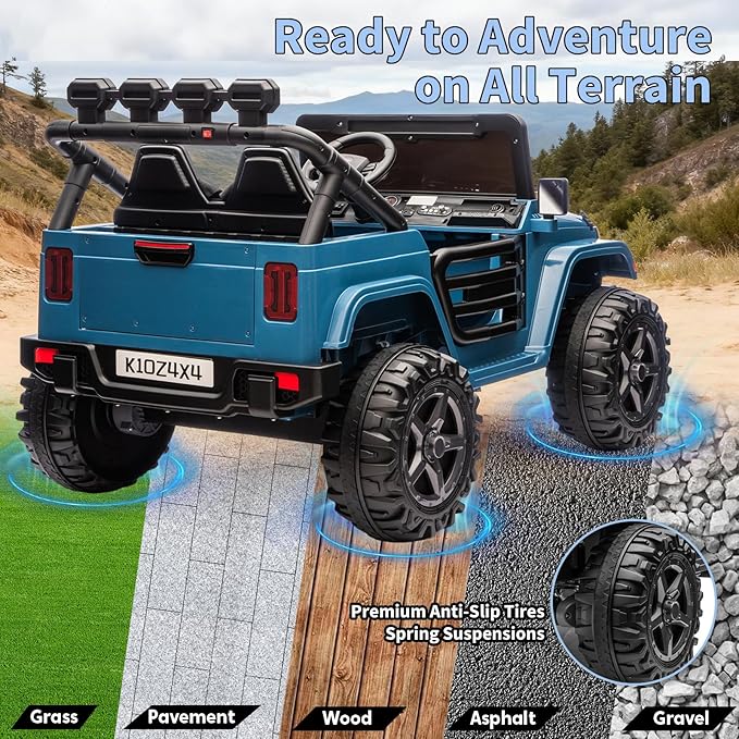 24V Ride on Toys for Big Kids, 2 Seater Ride on Car w/Remote Control, 4x4 Ride-on Truck with 4 Motors, 3 Speeds Adjustable, 4 LED Lights, Bluetooth & Music, Electric Car for Kid Toddler 3-8, Lake Blue