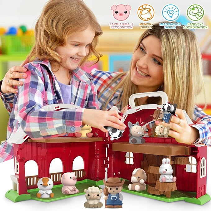 Toys for 1 2 3 Years Old Boys and Girls, Big Barn Playset with Farm Animal, Preschool Montessori Toy, Farm Playset with Big Red Barn & Farmer, Christmas & Birthday Gift Toy for Kids