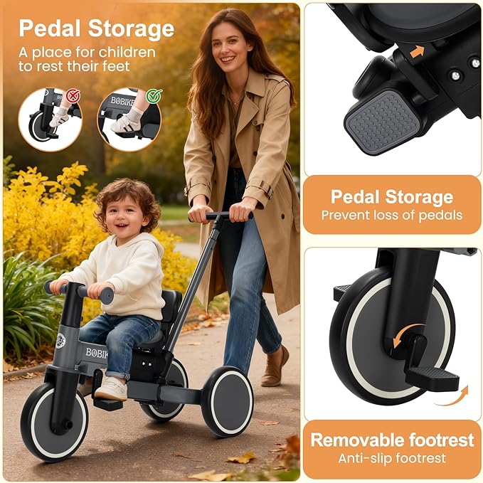 BoBike 5-in-1 Tricycle for Toddlers 18 Months to 5 Years, Kids Bike with Upgraded Pedals, Parent Push Handle, Balance Bike & Easy Assembly for Boys Girls (Grey)