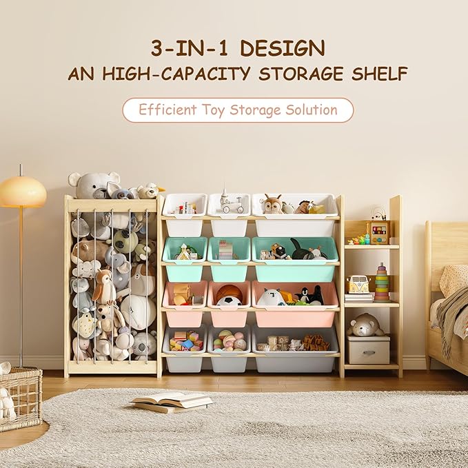 EXPERLAM 3-in-1 Toy Storage Organizer, Stuffed Animal Holder & 3-Tier Bookcase, Solid Wood Toy Organizer with 12 Storage Bins, Space-Saving Toy & Book Shelf for Kids Rooms, Bedroom, Playroom, Multi