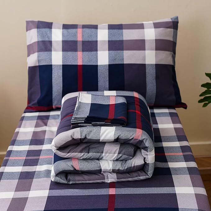CLOTHKNOW Blue Plaid Toddler Bedding Sets for Boys, 4 Pieces Tartan Check Pattern, Soft Crib Bed Set Including Comforter, Flat Sheet, Fitted Sheet and Pillowcase, Yellow