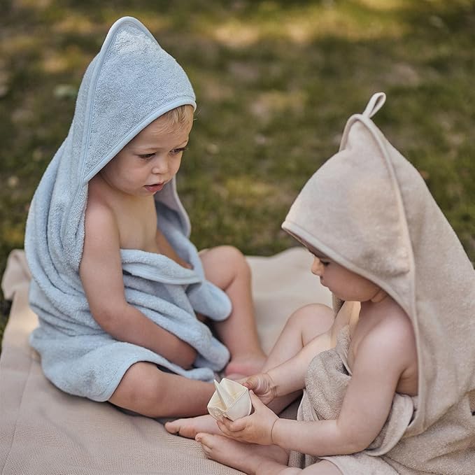Baby Hooded Towel – Organic Cotton Baby Bath Towels, 32" x 32" Super-Soft and Absorbent Baby Towels for Newborn 2-Pack (Fog/Baby Blue)