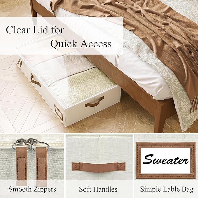 COYACOOL Under Bed Storage, Under Bed Storage Containers Bins for Clothes, Large Linen Underbed Closet Organization Bins, 2 Pack Collapsible Underbed Bin Dorm for Clothes, Sweater, Beige
