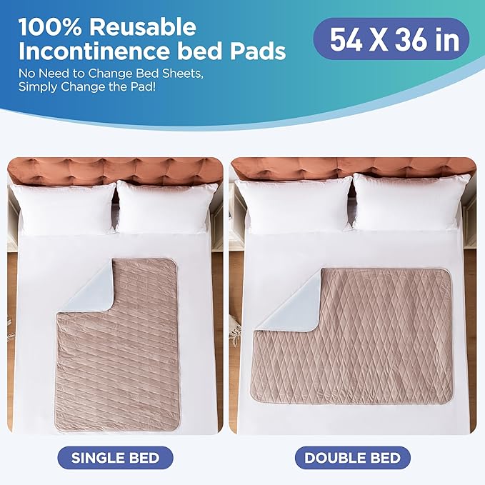 Careland Washable Underpads, 34" x 54" Heavy Absorbency Reusable Incontinence Pads for Adults, Elderly, and Pets - Waterproof Protective Pad for Bed, Couch, Sofa, Floor (Brown, 36 x 54 in)