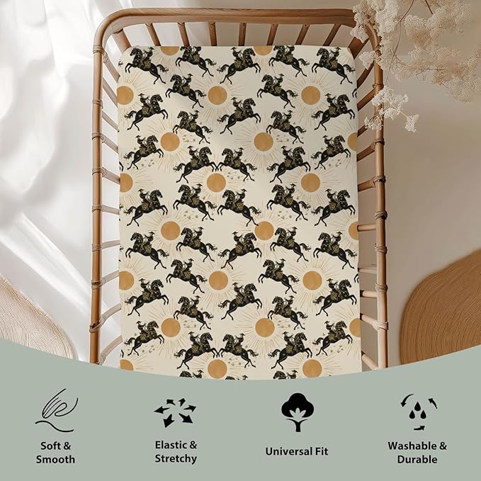 Western Cowboys Sunshine Baby Crib Sheets for Boy Girl 52x28Inch Cowboy Horse Sun Soft Stretchy Fitted Crib Mattress Cover Wild West Desert Nursery Baby Sheet for Standard Crib & Toddler Bed Mattress