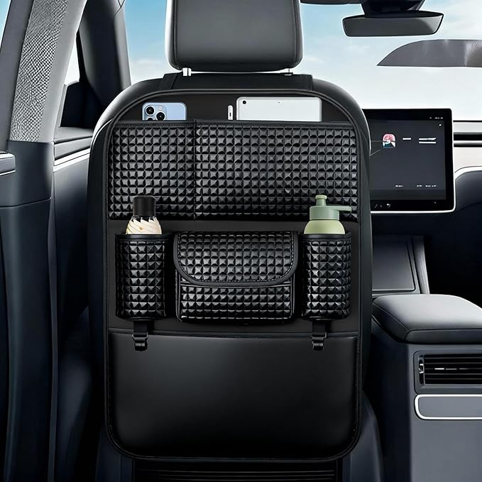 QIANKUNBAG Back Seat Cover For Kids + 5 Pocket Storage Organizer, 1 Pack X-Large Waterproof Kick Mats Backseat Protector, Car Seat Back Protectors For Vehicles To Protect From Dirt, Mud & Scratches