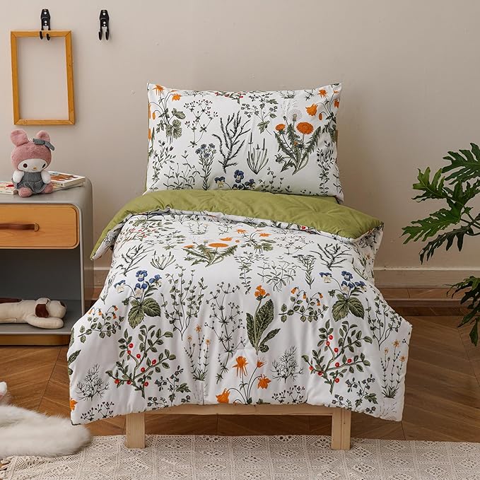 KAREVER Botanical Toddler Bedding Set Flower Print 4 Pieces Crib Bed Set Kids White Green Floral Comforter Set
