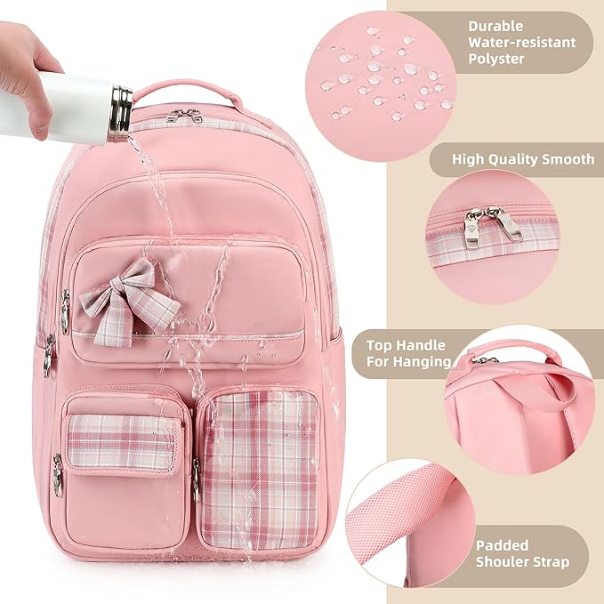 KIDNUO Backpack for Girls,School Backpacks for Teen,Cute College Bags for Women Students Large Bookbag 15.6 Inch Laptop Bag Back Pack Kids Kindergarten Elementary Casual Travel Daypacks Pink