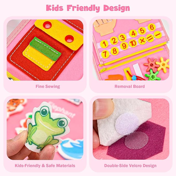 Busy Board Montessori Toys for 4 Years Old, Busy Books for Toddlers, Sensory Board Quiet Book Educational Activity Book for Toddlers 4-5, Toddler Travel Toys for Plane Car, Gifts for Boys Girls (Pink)