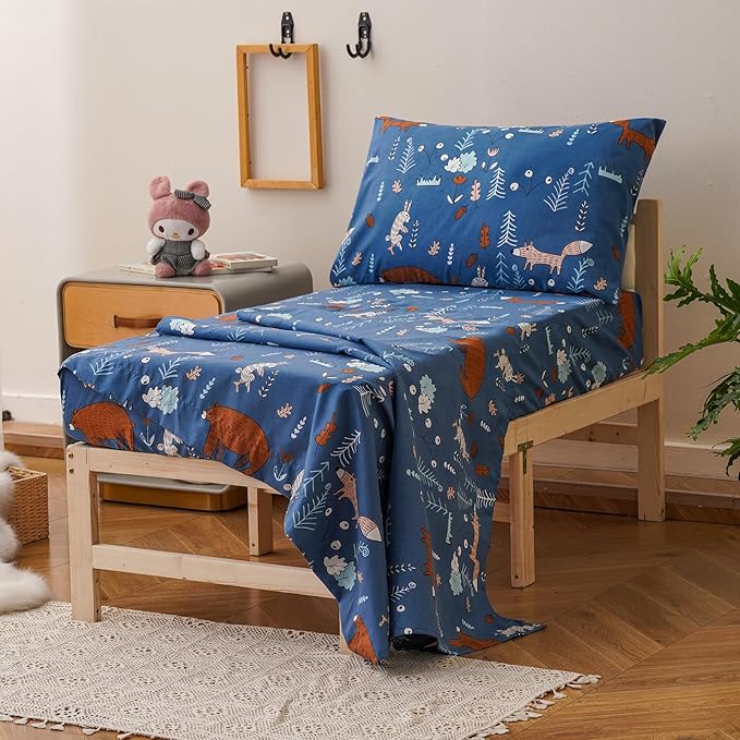 KAREVER Cartoon Toddler Bedding Set Bear Fox 4 Pieces Crib Bed Set Kids Navy Blue Animal Print Comforter Set