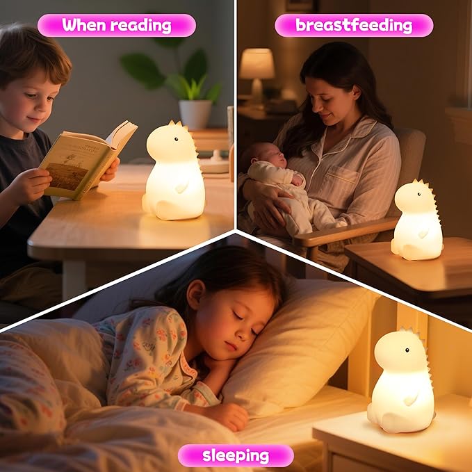 loatme Night Light for Kids, Rechargeable Dimmable Silicone LED Nightlight with 7 Colors, Baby Nursery Night Lamp, Touch Squishy Lamp, Cute Gifts for Girls, Boys, Toddler Room Decor, Dinosaur
