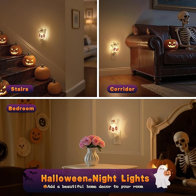 JandCase Halloween Night Light, 2 Pack 3000K Night Lights Plug into Wall,Cute & Funny Ghost Night Light for Kids,Plug in Ghost Nightlight with 360° Rotatable for Halloween Party Decor