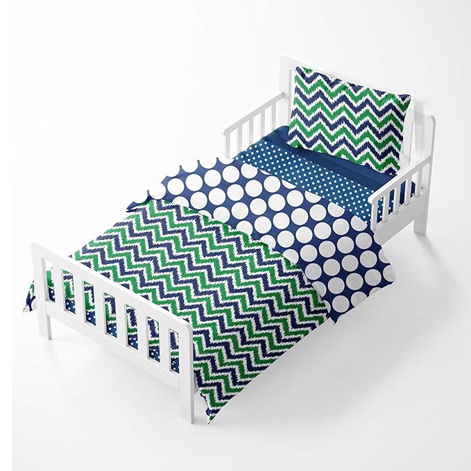 Bacati - Mix N Match 4 Pc Toddler Bedding Set 100 Percent Cotton Includes Reversible Comforter, Fitted Sheet, Top Sheet, and Pillow Case for Boys (Navy/Green)