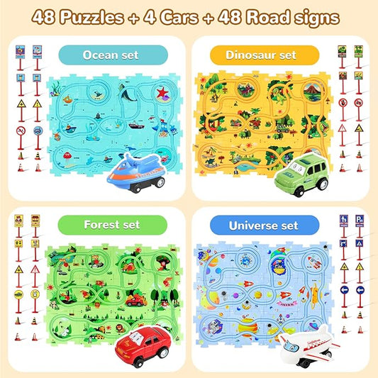 Puzzle Racer Kids Car Track Set, Kids Toys Boys 3-5, Toys for 3 4 5 6 Year Old Boys, Toys for Ages 3-4, Montessori Toys for 3+ Year Old, Fat Brain Toys(100Pcs, 4 Themes)
