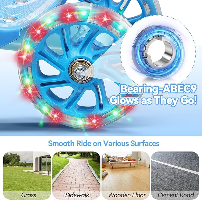 Toddler Scooter, Scooters for Kids Age 3-5, Boy Girl Gift 3-Wheel Kick Scooter with LED Light Up Wheels, Adjustable T-Bar Handle, Cute Deck, Safe Smooth Riding Outdoor, Max 100 lbs, Xmas Box Wrapped
