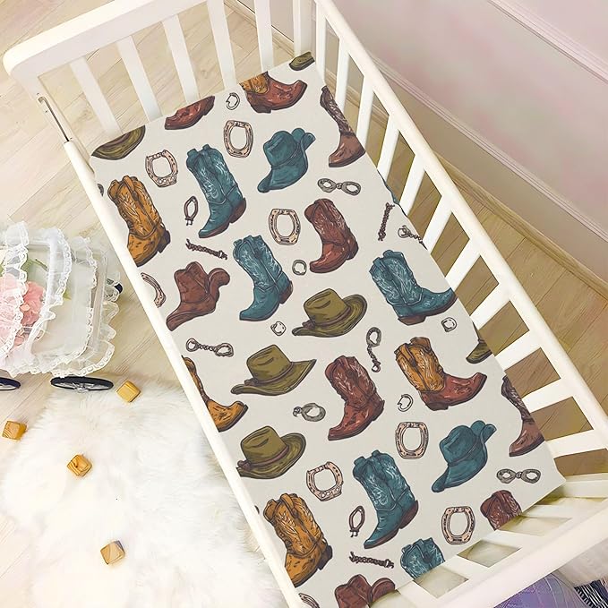 Western Cowboy Boots Vintage Crib Sheets Soft Breathable Fitted Baby Crib Sheets Mattress Cover for Girls Boys 52" x 28" x 9"