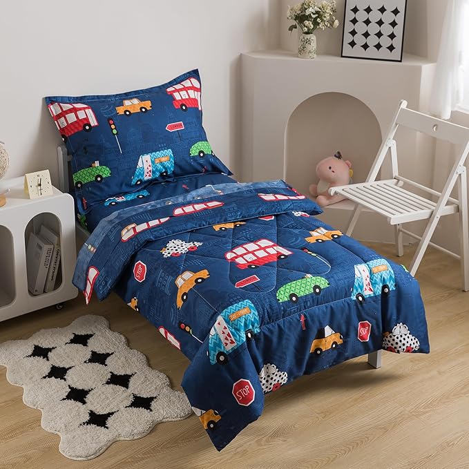 Caressma Navy Toddler Bedding Set Bed-in-a-Bag 4 Pieces, Soft Microfiber Kids Comforter with Cars,Buses & Traffic Lights Pattern, Includes Comforter, Fitted Sheet, Flat Sheet & Pillowcase