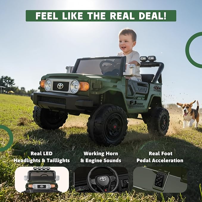 24V Ride on Toys for Kids, Licensed Toyota FJ, 2 Seater Ride on Car with Remote Control, Electric Car w/ 4-Wheeler Suspension, Led Light, Music, USB, Electric Vehicle for Age 3-8, Green