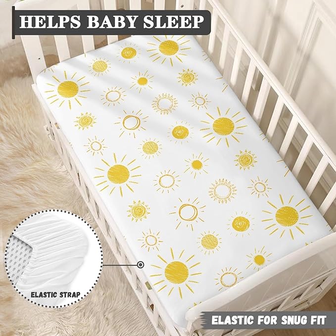 Yellow and White Sun Fitted Crib Sheet for Boys Girls Sunny Boho Bohemian Celestial Sky Baby Sheet for Standard Crib and Toddler Sunshine Nursery Bed Mattress Sheets 28"x52"