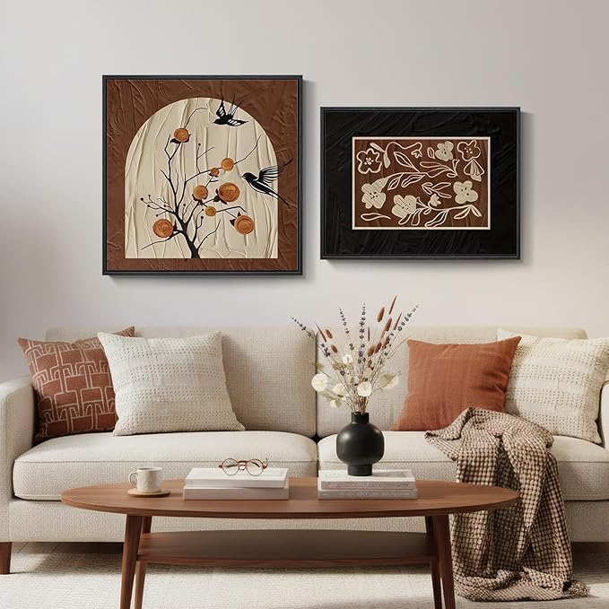 Framed Vintage Set of 2 Bedroom Wall Art, Black & Brown Bird Floral Canvas Artwork for Living Room Walls, Rustic Elegant Chinoiserie Pictures Prints for Dining Room Office Wall Decor, 24x24 & 24x18 In