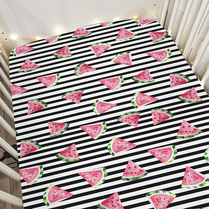Watermelon Black and White Stripes Baby Crib Sheets for Boy Girl 52"x28" Tropical Summer Fruits Soft Stretchy Fitted Crib Mattress Cover Beach Vacation Baby Sheet for Crib and Toddler Bed Mattresses
